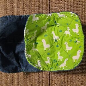 Lime Green Wandering Llama 2 Cozies Upcycled Blue Denim Jeans Hand Crafted LG